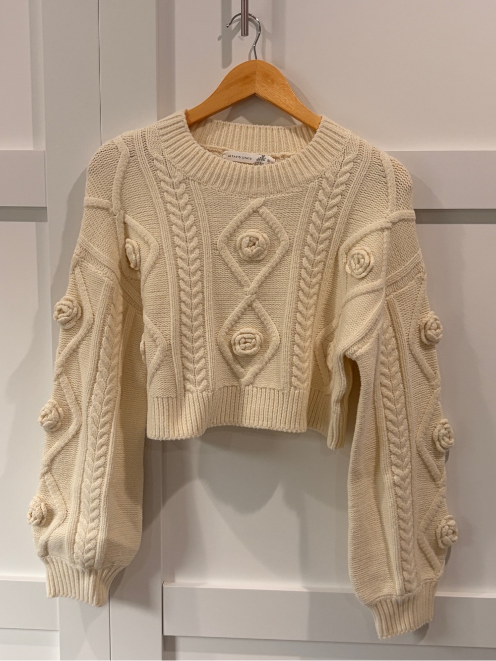 Altar’d State Cream Cable-Knit Rose Applique Sweater - S